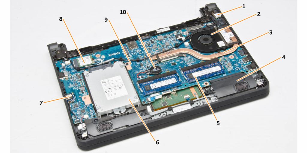 18. konektor napájení Obrázek 3. Vnitřní pohled zezadu 1. konektor napájení 2. systémový ventilátor 3. chlazení 4. reproduktor 5. paměťový modul, 6. pevný disk 7. deska konektoru zvuku 8.