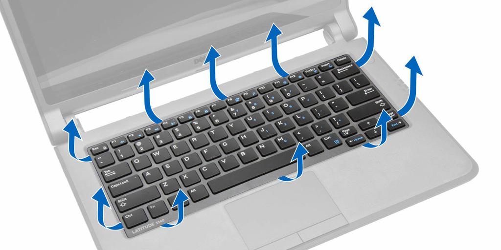 3. Odeberte rám klávesnice z počítače. Montáž rámu klávesnice 1. Umístěte rám klávesnice na příslušné místo. 2. Postupně zatlačte na strany rámu, dokud nezapadne na své místo. 3.