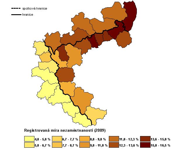 Obr. 2: Registrovaná míra nezaměstnanosti (2009) Zdroj dat: podklad: