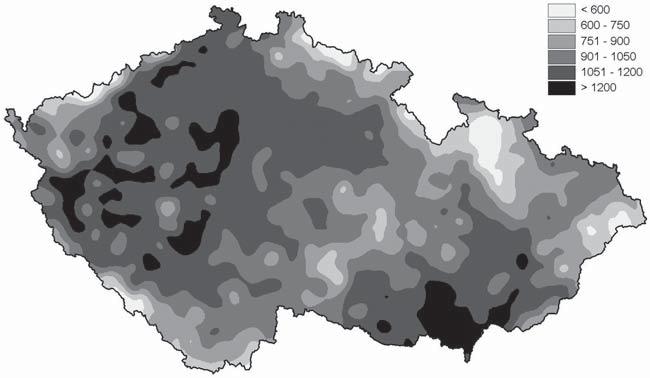 Obr. 2 Zátěž suchem (IMMS) k 15. srpnu 2003 na území ČR pro středně těžkou půdu hloubky 20 cm. Fig. 2. Drought loading (IMPD) to August 15 2003 on the territory of CR for medium heavy soil of the depth of 20 cm.