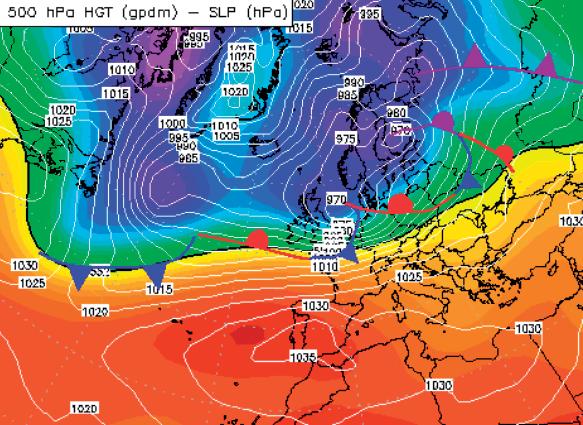 Obr. 1 Synoptická situace a frontální analýza v oblasti Atlantik Evropa ze dne 18. 1. 2007 ve 12 UTC. Fig. 1. Synoptic situation and frontal analysis in the area of the Atlantic Europe on 18 January 2007 at 12 UTC.