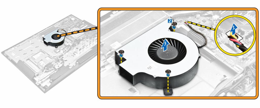 4. Postupujte podle pokynů v části Po manipulaci uvnitř počítače. Vyjmutí ventilátoru procesoru 1. Postupujte podle pokynů v části Před manipulací uvnitř počítače. 2.