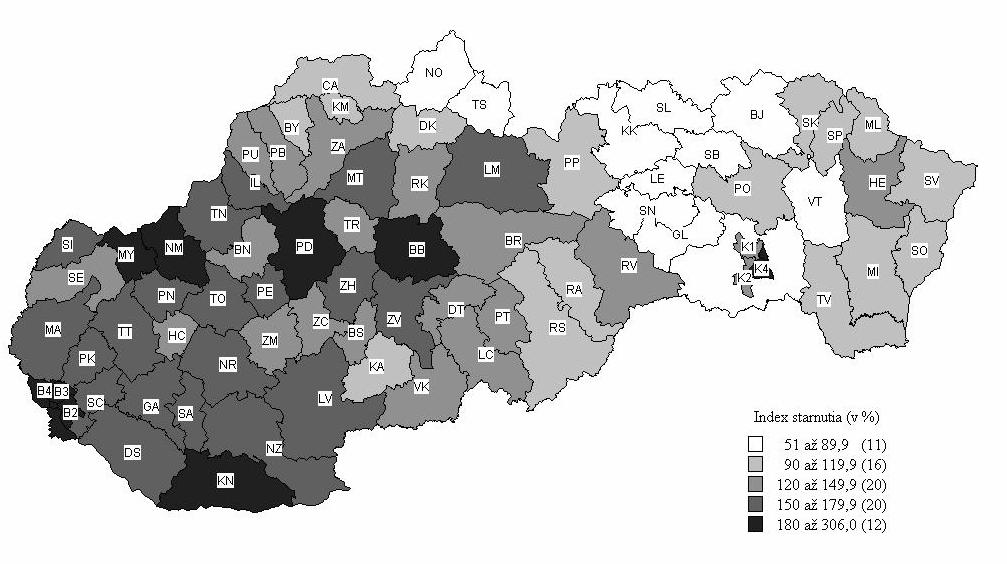 14 Prognóza vývoja obyvateľstva v okrasoch SR do roku 2025 Okresy s vysokým indexom starnutia zaberajú celé juhozápadné Slovensko a časti stredného Slovenska.