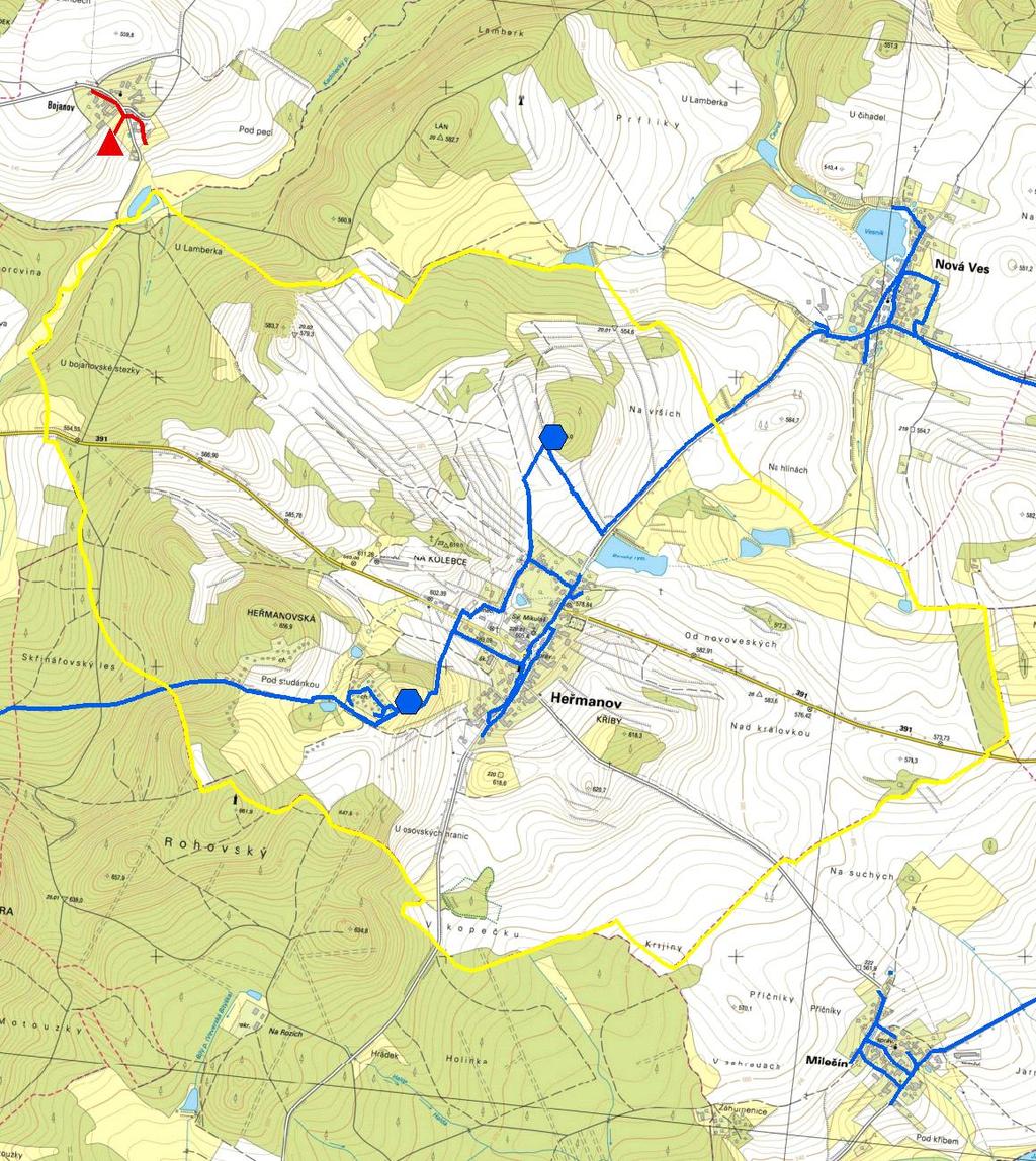 MAPA - VODOVODY Trasování sítí, lokalizace vodojemů, zdrojů, čerpacích stanic, ATS, ÚV Vodovodní řady Vodojem zemní