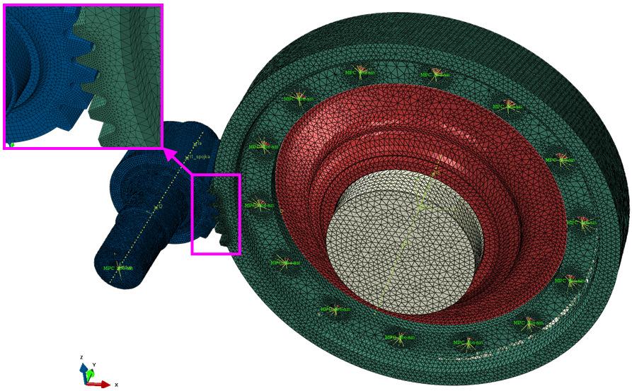 2.2 MKP model hřídelí Pro materiál hřídelí, ložisek a ozubení byla zvolena ocel (E = 206 000 N/mm2; µ = 0,3; ρ = 7 830 kg/m3). Hmotnost je u modelu zanedbána.