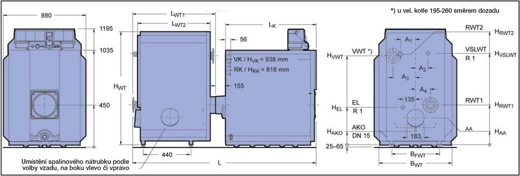 Logano plus GE315 Velikost kotle 115 160 195 220 260 Počet kotlových článků 5 6 7 8 9 Délka L 2075 2235 2568 2778 2938 L K 970 1130 1290 1450 16 L WT1 940 940 1113 1163 1163 L WT2 800 800 950 950 950