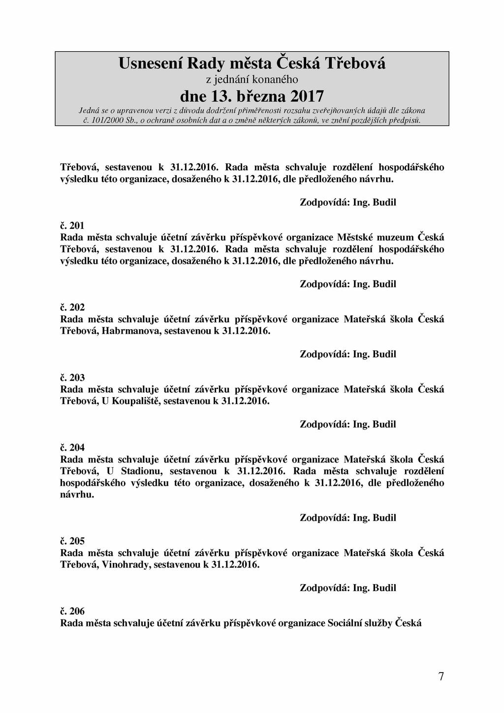 Třebová, sestavenou k 31.12.2016. Rada města schvaluje rozdělení hospodářského výsledku této organizace, dosaženého k 31.12.2016, dle předloženého č.
