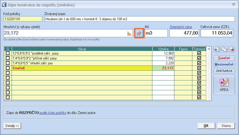 Pro zadání složitějších výpočtů na více řádků můžete využít nástroj Výkaz výměr. Výkazem výměr se rozumí vymezení množství s uvedením postupu jeho výpočtu (může být jednořádkový i víceřádkový).