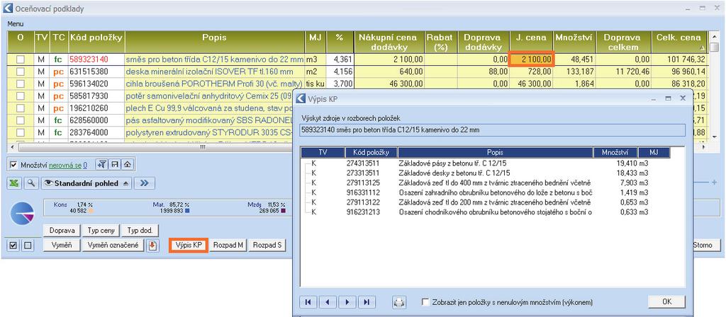 Úprava v Oceňovacích podkladech Pomocí funkce Oceňovací podklady se zobrazí všechny zdroje z rozborů položek TOV, a to tak, že každý zdroj je zde pouze jednou (stejný kód a typ ceny) se sečteným