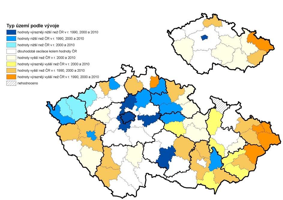 Mapa 3 Typologie okresů a krajů podle vývoje průměrného procenta pracovní neschopnosti celkem Mapa 4