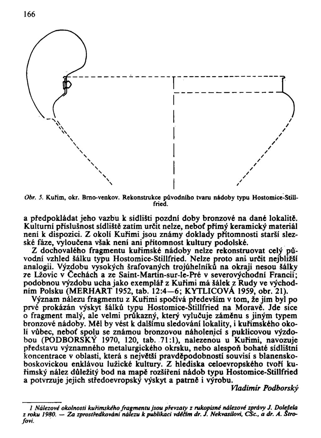 166 Obr. 5. Kuřím, okr. Bmo-venkov. Rekonstrukce původního tvaru nádoby typu Hostomice-Stillfríed. a předpokládat jeho vazbu k sídlišti pozdní doby bronzové na dané lokalitč.