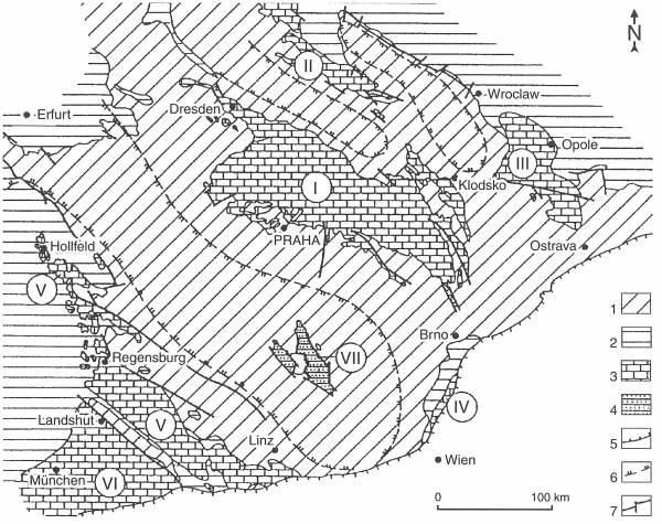 Obr.1 Zachované křídové sedimentační prostory v Českém masivu (Valečka, Skoček, 1999) Vysvětlivky: 1 předdruhohorní podloží; 2 trias, jura; 3 mořské pánve: I česká křídová, II severosudetské, III