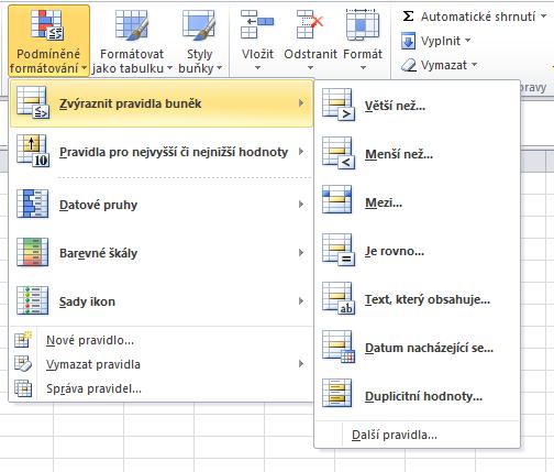 5.3 Příloha 3: Zpracování sběru dat v MS Excel MS Excel je textový procesor, který je součástí kancelářského balíku MS Office. 5.3.1 Základní operace Podmíněné formátování Nástroj k automatické změně formátu u vybraných buněk podle zadaných kritérií.