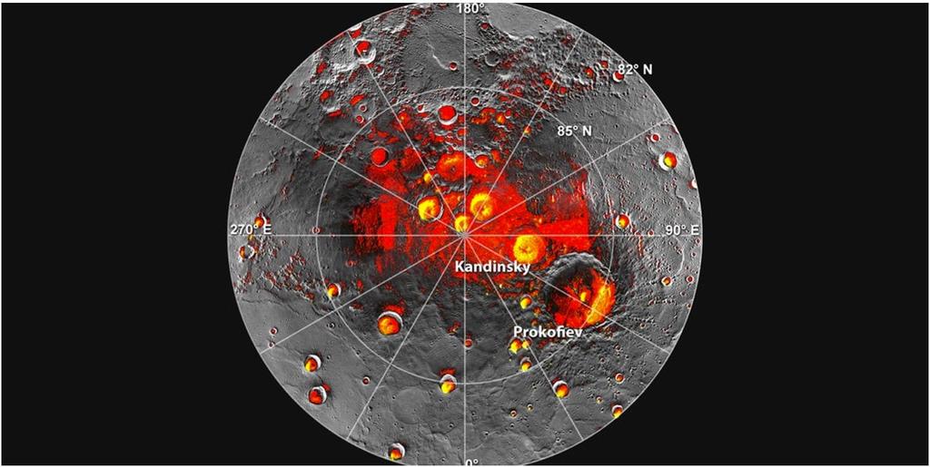 LED NA MERKURU Na Merkuru existují místa, kde nikdy nezasvítí Slunce polární oblasti Rotační osa je téměř kolmá k rovině oběhu, nedochází ke střídání