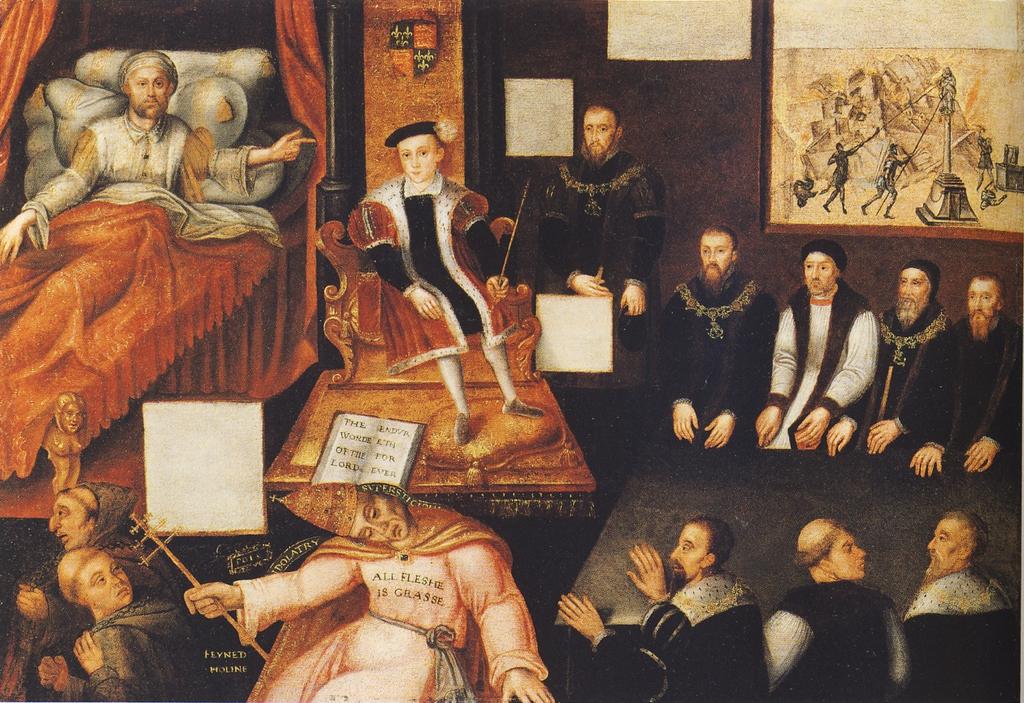 Příloha č. 8 Alegorie na anglickou reformaci. Obraz od neznámého malíře zobrazuje Jindřicha VIII., který na smrtelném loži ukazuje na svého následovníka Eduarda VI.