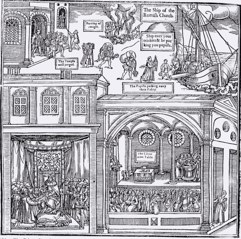 Příloha č. 9 Alegorie vlády Eduarda VI. z Foxovy knihy mučedníků. Dřevoryt zobrazuje několik z hlavních myšlenek a událostí anglické reformace.
