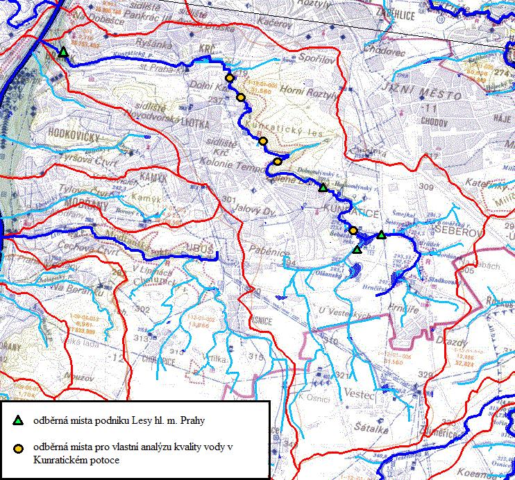 Mapa povodí Kunratického potoka s vyznačenými