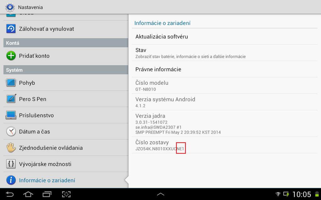 2. Overenie verzie a nastavenia zariadenia pre spustenie aktualizácie 2.1. V prvom kroku aktualizácie skontrolujte číslo zostavy tabletu. Správne číslo je N8010XXUCNE1.