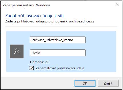 4) Po kliknutí na Dokončit se otevře okno Zabezpečení systému Windows. a) Do prvního pole napíšeme: jcu\vase_uzivatelke_jmeno.