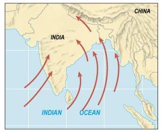 vliv Tichého oceánu Téměř celé východní, jihovýchodní a jižní Asie je ovlivňována rozdílným prouděním vzduchu v létě a v zimě = monzunové proudění vzduchu je způsobeno rozdílným oteplováním vzduchu