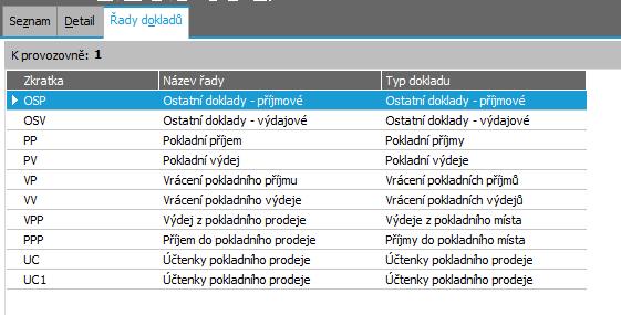 05 Agenda Provozovny EET záložka Detail Na záložce Řady dokladů lze přidat řady dokladů, u kterých dojde k předvyplnění provozovny EET na dokladech (pokladní výdaje, vrácení pokladního výdaje,