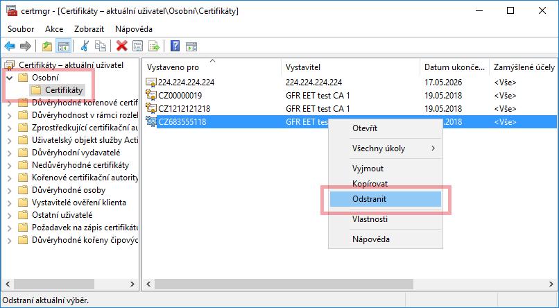Obr. 46 Okno Správce certifikátů 3.4 EXISTUJE PŘÍKLAD PROVÁDĚNÍ EET POMOCÍ WEBAPI?