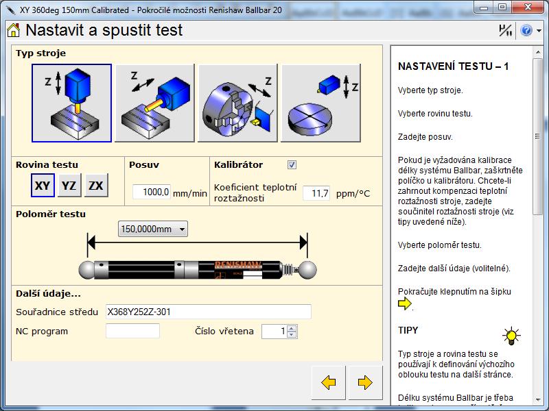 Obrázek 37 Nastavení programu pro Ballbar 4 Obrázek 36 Nastavení programu pro Ballbar 3 Po vytvoření testu