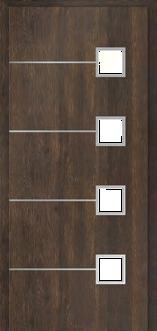 hliníkovými pásky v ploše dveří a čtvercovými hliníkovými rámečky.