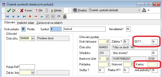 Prodej Nastavení symbolů bez evidence EET Systém nově umožňuje vypnout určitý symbol prodeje pro EET. Tedy např. pro firmy mající nějaký externí systém pro zadávání dokladů. Tedy firmy s rozvozy apod.