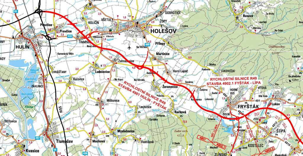 Prioritně urychlit realizaci D 4901 Hulín - Fryšták Kategorie R24,5/120, délka 16,5 km. Stavba je v realizaci.