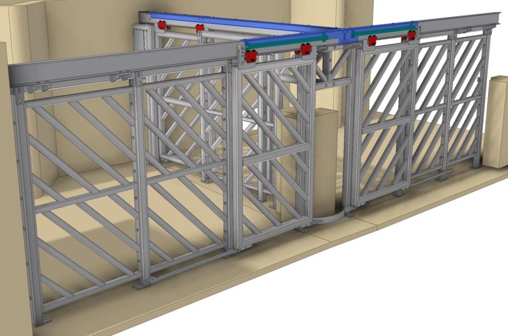 2.3 CELKOVÁ SESTAVA - Je sešroubována ze 3 samostatných stěn s hydraulickými dveřmi, centrálního sloupu a krycími plechy pro hydraulické vedení - Veškerý spojovací materiál podsestav i sestav je