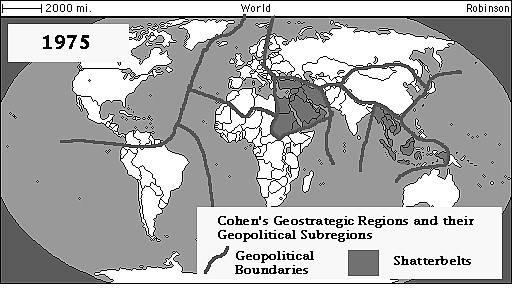 Obr. 9 Cohenova teorie v roce 1975 zdroj: http://www.geoeconomia.net (upraveno z celobarevné verze) Obr. 10 Cohenova teorie v roce 1982 zdroj: http://www.geoeconomia.net (upraveno z celobarevné verze) V roce 1982 Cohen svou teorii, s mírnými změnami, přepracoval.