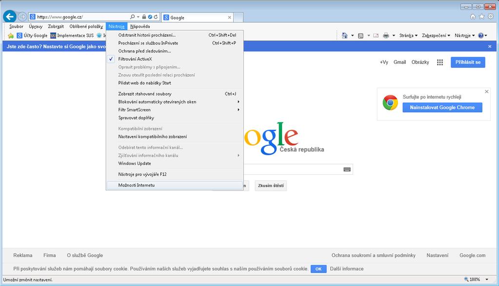 Otevřete si prohlížeč Internet Explorer na jiné stránce než je aplikace SUS (např. www.google.cz). 2.