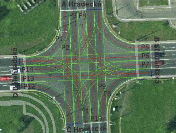 Obr 6. Znázornění dopravních proudů a kolizních ploch (zdroj: Digitální mapy města Pardubice dostupné z http://gis.mmp.