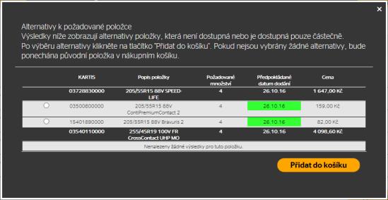 Objednávky Založení objednávky nákupní košík Pro artikly zobrazené žlutě nebo červeně lze zobrazit alternativy pomocí tlačítka Zobrazit