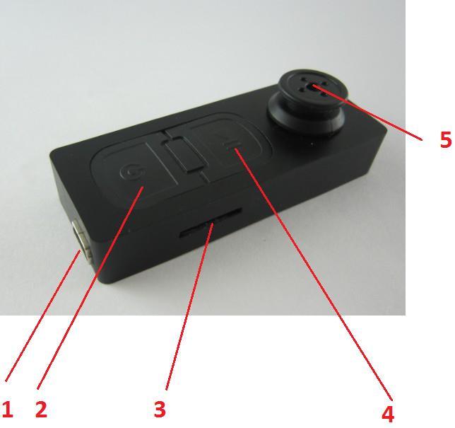 1.Zobrazení přístroje 1 USB konektor 2 Tlačítko K1 3- Slot pro micro SD kartu 4 Tlačítko K2 5 Čočka kamery 2. Rychlý start Nabíjení Knoflík má vestavěnou nabíjecí baterii.