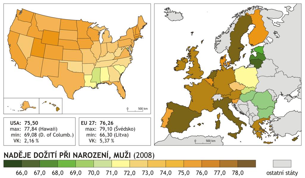 Regionální diferenciace e 0 muži Zdroj dat: U.S.