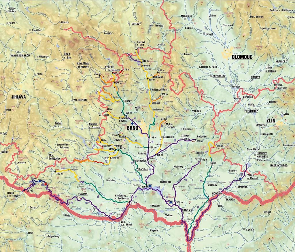 Vodní turistika Sjízdné řeky závodní tratě lodní doprava 0 5 10 15 25 km Stupně obtížnosti ZW A ZW B ZW C Zdroj: Vodácká mapa ČR WW I WW II WW III WW IV WW V-VI výšková kóta na vodním toku říční