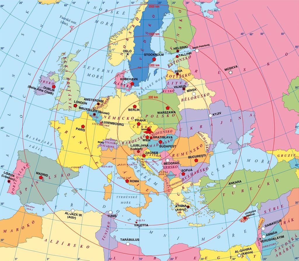 EVROPA Jihomoravský v Evropě vymezení vzdálenosti od Brna hlavní město zemí EU 1:25 000 000 0 250 500 km Vzdálenosti evropských a světových měst od Brna Partnerské regiony Jihomoravského e hlavní