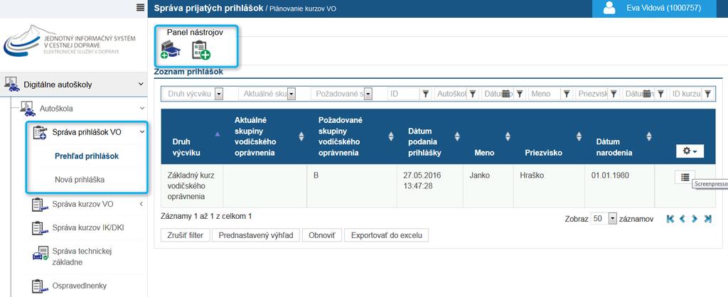 7 VYTVORENIE PRIHLÁŠKY V navigačnom paneli/menu sa nachádza možnosť Správa prihlášok VO. Po jej výbere sa zobrazia dve možnosti Prehľad prihlášok a Nová prihláška.