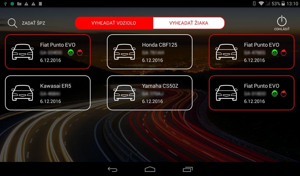 Užívateľský manuál pre online prístup cez aplikáciu pre tablety s OS Android 2. Úvodná stránka Po úspešnom prihlásení sa otvorí zoznam vozidiel autoškoly.