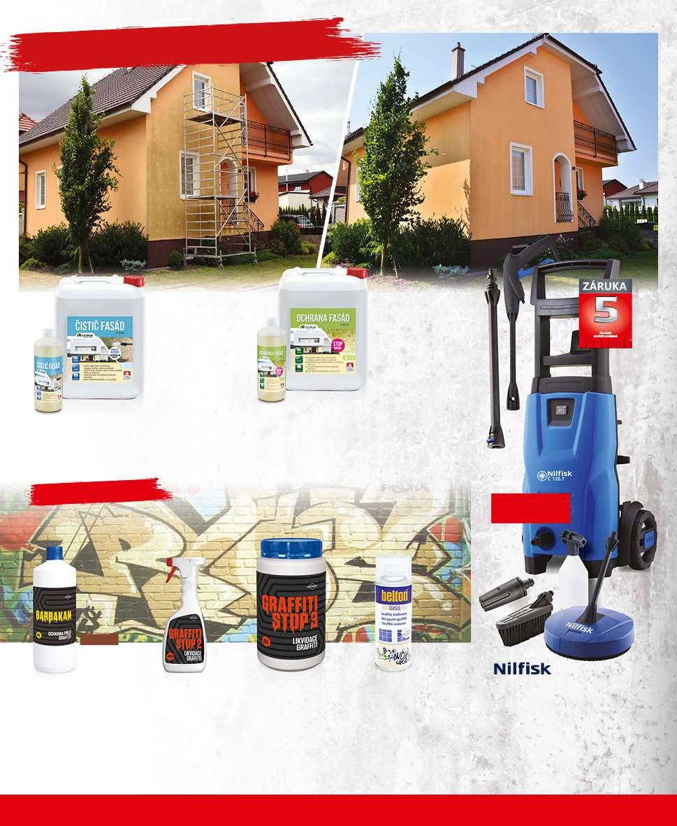 Čištění a ochrana fasád PŘED... PO... 1 l 129,- 5 l 549,- Čistič fasád Bezbarvý přípravek na čištění fasád biologického napadení.