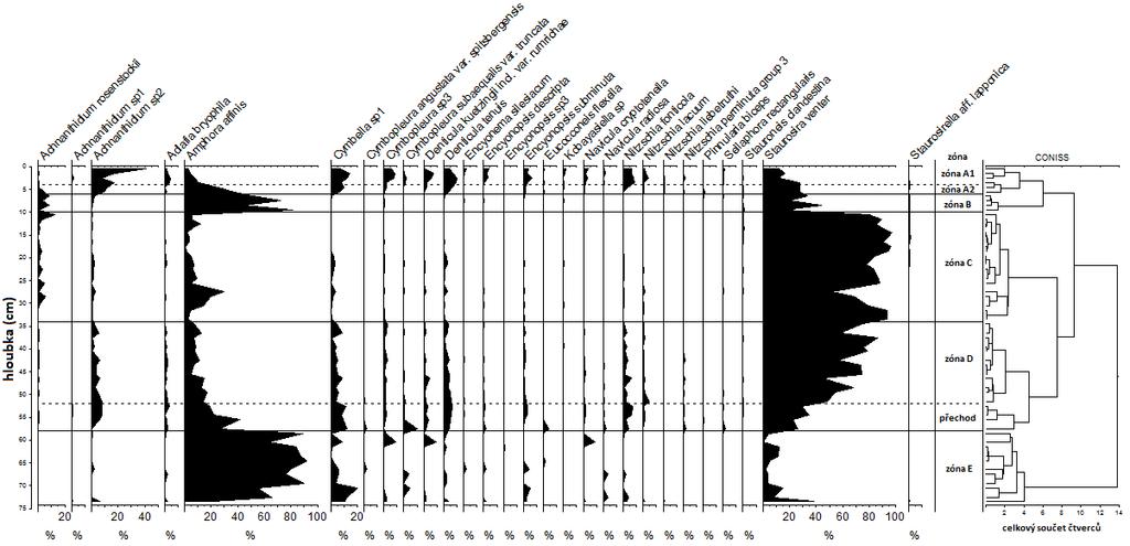 Obr. 43: Souhrnný diagram relativního zastoupení druhů rozsivek v sedimentárním jádře G2013/1 z jezera Garmaskla.