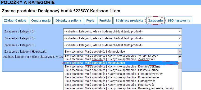 Priraďovanie menu Heureka.sk k jednotlivým produktom V prípade, že v internetovom obchode máte naimportovanú škálu kategórii Heureka.sk, môžete pristúpiť k priraďovaniu menu Heureka.