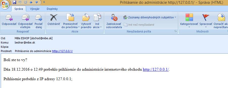 Povolenie zasielania notifikácii a definovanie e-mailovej adresy: Povolenie IP adries sa vykonáva v časti Nastavenia Zabezpečenie administrácie