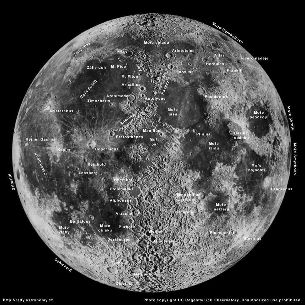 Na následujícím snímku nalezněte na povrchu Měsíce útvary: Moře dešťů, klidu a jasu; krátery Tycho, Koperník, Archimédes, Kepler.