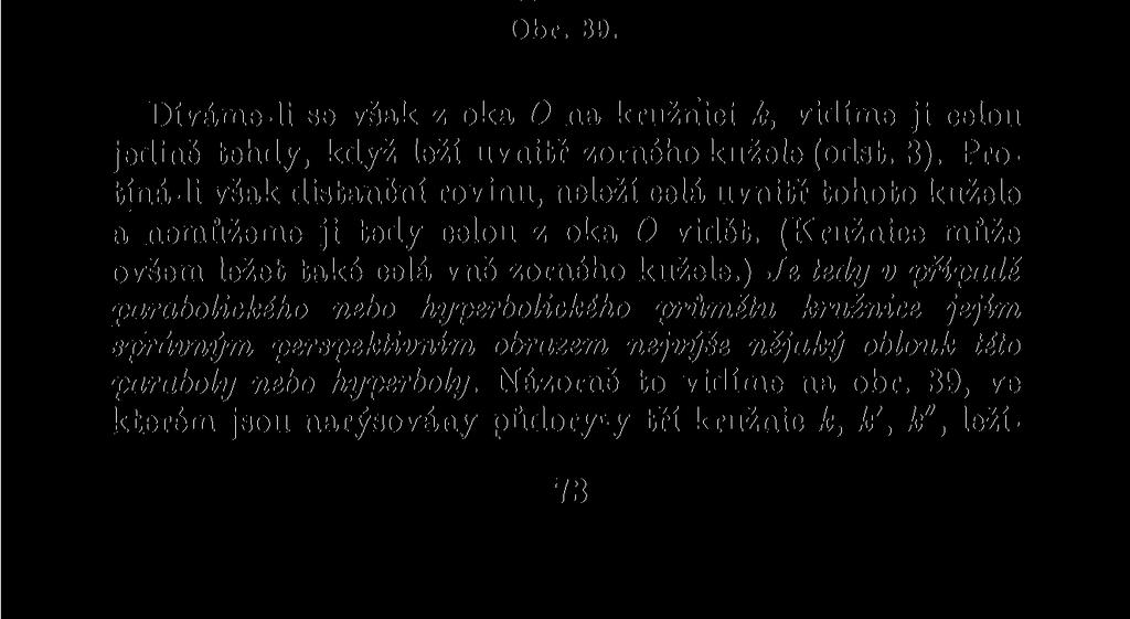 Leží-li kružnice k v rovině, která neprochází středem promítání, je jejím průmětem k' elipsa (speciálně kružnice) nebo parabola nebo hyperbola.