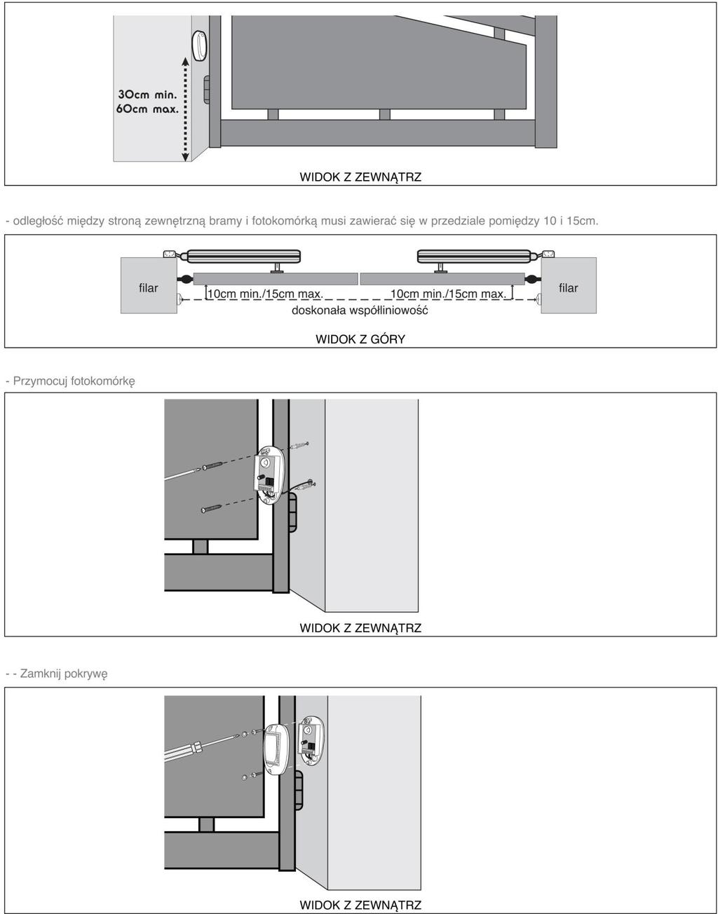 POHLED ZEVNITŘ - Vzdálenost mezi osazením fotobuněk a okrajem brány musím být minimálně 10 cm a maximálně 15 cm