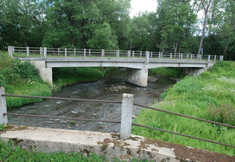 Obr. 7.2: Most přes řeku Sázavu pohled (vlevo, převzato z [45]) a příčný řez (vpravo) tvrdoměrných zkoušek, dále chemický stav betonu a množství, poloha, druh a stav výztuže trámů a desky.