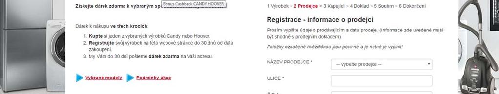 6. Vyplnění druhé části registrace 2 Prodejce. Do prázdných kolonek doplníte údaje o prodejci dle Vašeho dokladu.